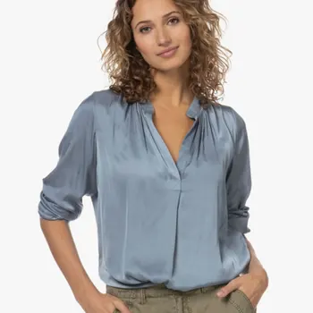 2023 Весенне-летняя новая женская рубашка синего цвета с V-образным вырезом и длинными рукавами, женские топы