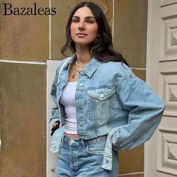 2023 Магазин bazaleas traf, джинсовая куртка с вырезанными накладными карманами, пальто на пуговицах, официальная женская одежда для леди