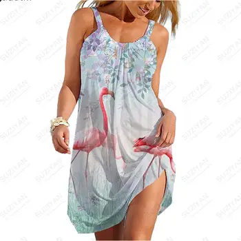 2023 Новая Гавайская Модная Короткая Юбка Женская Свободная Сексуальная Рубашка С Круглым Вырезом Летнее Платье На бретельках В стиле Ретро С Цветочным 3D Принтом