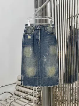 2023 Новая мода, хорошее качество, взлетно-посадочная полоса, винтажная джинсовая юбка, старая джинсовая юбка