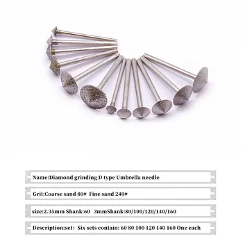 5шт Алмазная шлифовальная головка диаметром 6-16 мм, шлифовальные заусенцы зонтичного типа, набор бит для янтарной электрической шлифовальной головки, вращающийся инструмент для резьбы по нефриту