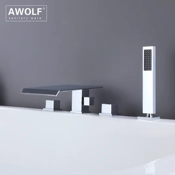 Awolf Смеситель для ванны с водопадом, установленный на бортике, Хромированный Полированный душевой набор для раздельной ванной комнаты, Душевая система для ванны из цельной латуни AH3058