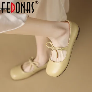 FEDONAS / Новые женские туфли-лодочки на низком каблуке с круглым носком, милые туфли-лодочки с узлом-бабочкой, модная повседневная женская обувь из натуральной кожи, сезон Весна-лето