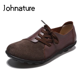 Johnature 2022, Новинка весны /осени, натуральная кожа в стиле ретро, круглый носок, шнуровка, Прочная мягкая подошва, Удобные женские туфли на плоской подошве