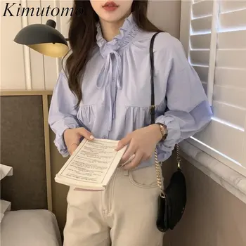 Kimutomo Элегантная Свободная женская рубашка из цельного материала, сшитая грибами, с нежной шнуровкой, воротником-стойкой, с пышными рукавами, Простая универсальная блузка Ins