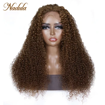 Nadula Hair # 4 Кудрявый парик из человеческих волос 4x1, Кружевной парик с Т-образной частью, Шоколадно-коричневый Цвет волос, Вьющиеся Волосы, Парик с Т-образной частью, Предварительно Выщипанный парик