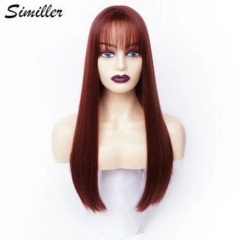 Similler Женский синтетический парик с длинными прямыми волосами из высокотемпературного волокна винно-красного бордового цвета для ежедневного использования с челкой