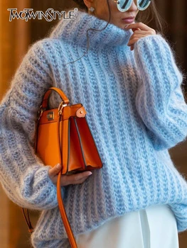 TWOTWINSTYLE, Однотонные минималистичные свитера для женщин, Водолазка, Свободный пуловер с длинным рукавом, Зимний свитер, женская модная одежда