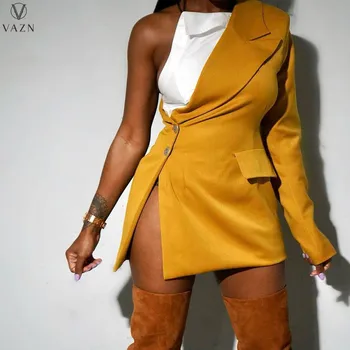 VAZN Новинка 2021, женское модное сексуальное короткое платье в уличном стиле с отворотом с длинным рукавом и прострочкой на одно плечо, цветное мини-короткое платье