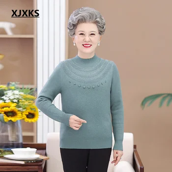 XJXKS 2023, Новый женский зимний свитер, модный Однотонный свитер с полувысоким воротником, Свободный шерстяной пуловер Оверсайз