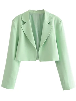 YENKYE 2023 Женский светло-зеленый укороченный блейзер с винтажным воротником с лацканами и открытой строчкой, женская верхняя одежда, шикарные топы