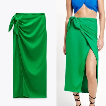 Za Женская зеленая юбка с запахом, женские длинные юбки с высокой талией, женская юбка-парео с узлом, синяя юбка-миди с разрезом, элегантные летние юбки 2021 года.