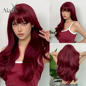 АЛАН ИТОН Красный Длинный натуральный волнистый парик Высокотемпературные синтетические парики с челкой Красные красочные вечерние волосы для косплея для чернокожих женщин