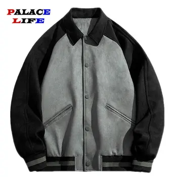 Американская ретро-бархатная куртка из оленьей кожи, мужская лоскутная уличная свободная повседневная спортивная бейсбольная форма, опрятное пальто в стиле хип-хоп