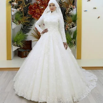 Аппликации Кружевное Мусульманское Бальное платье Свадебные платья с высоким воротом Свадебные платья на шнуровке с длинным рукавом