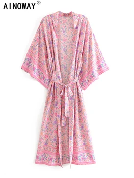 Винтажное шикарное женское Розовое платье-кимоно с цветочным принтом, богемное платье-кимоно, женский V-образный вырез, рукава 