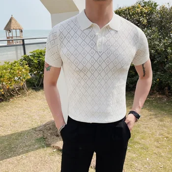 Высококачественная ромбовидная трикотажная футболка с короткими рукавами, мужская летняя мода 2023 года, облегающая эластичная дышащая рубашка поло