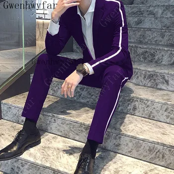 Гвенвифар, Уникальный стиль, Фиолетовые костюмы, мужские Высококачественные костюмы С рукавами Homme С белой отделкой, Красочный мужской костюм для жениха
