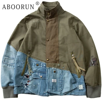 Джинсовые куртки ABOORUN Men Hi Street, модные джинсовые пальто в стиле пэчворк, уличная одежда для мужчин