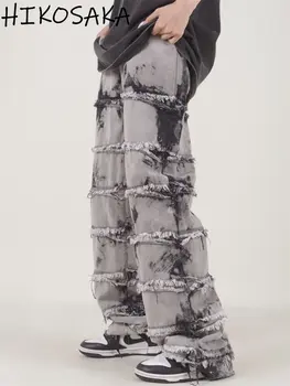 Джинсы Harajuku с необработанным краем с каскадной кисточкой, японские простые винтажные широкие брюки, уличная одежда, модные брюки для уборки в стиле Хиппопа