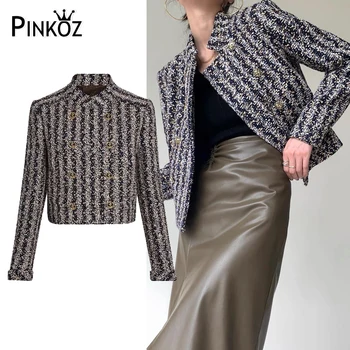 Дизайнерская короткая куртка из серого твида Pinkoz, Золотая линия, высококачественное роскошное двухбортное элегантное толстое пальто, шикарные топы в винтажном стиле
