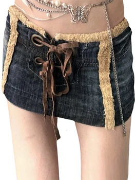 Женская облегающая мини-юбка Y2k в винтажном стиле с заниженной талией и перекрестной завязкой в стиле пэчворк