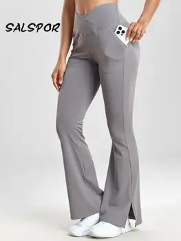 Женские брюки-клеш SALSPOR с карманами, леггинсы для йоги с перекрестной талией, сексуальные леггинсы для фитнеса с подтяжкой ягодиц, повседневные узкие брюки