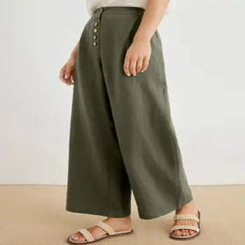 Женские летние брюки, однотонные женские брюки с широкими штанинами, Свободные пуговицы, карманы, Повседневные брюки, женские брюки большого размера с высокой талией