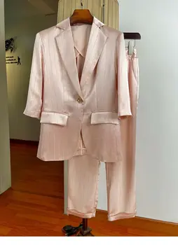 Женский костюм с пятнами в розовую полоску для выпускного вечера, отмеченный жакетом, пальто, Топы и брюки, комплект из двух предметов, подходящая одежда для офисных дам, Летняя ткань 2023 года