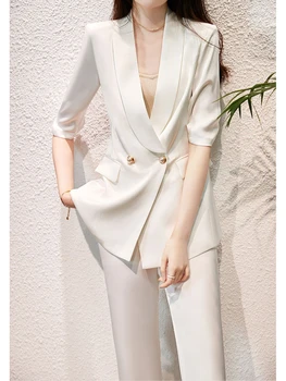 Женский летний повседневный элегантный блейзер, комплект из двух предметов, винтажный шикарный белый пиджак, прямой брючный костюм, женская корейская модная одежда