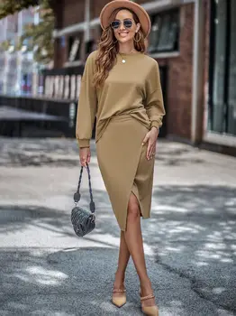 Женский модный однотонный комплект брюк из двух частей, Элегантный пуловер с длинным рукавом, топы + юбка с разрезом на бедрах, осенний повседневный костюм, одежда