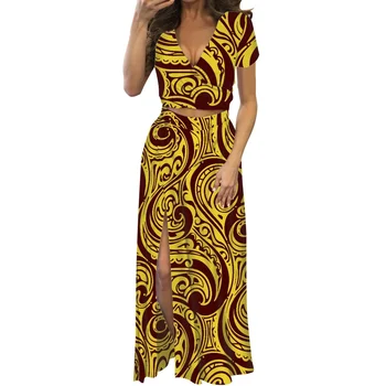 Женское платье с татуировкой Самоа, топ с V-образным вырезом и высоким разрезом, платье элегантного дизайна, вечернее платье с принтом, удобная одежда для девочек