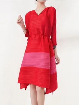 Женское плиссированное платье Miyake с эластичным поясом, цветное платье с V-образным вырезом, летние новые элегантные длинные платья больших размеров 2023 г.