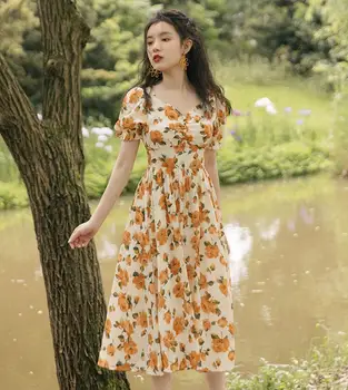 Женское Французское элегантное Винтажное платье Миди с цветочным рисунком, милая Летняя модная одежда 2023, цельное Женское платье для пляжной вечеринки в стиле бохо в Корейском стиле