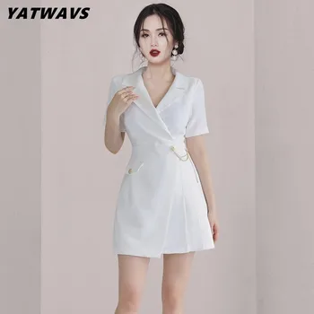 Корейские женские Модные Белые мини-платья Летние С коротким рукавом Элегантные Дизайнерские складки Vestidos Женское Офисное Тонкое Простое платье