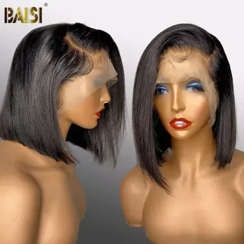 Короткие кружевные парики BAISI Hair 13x4 спереди Прямые Бразильские человеческие волосы 180 плотности с двойной вытяжкой Боб парик 4x4 с кружевной застежкой