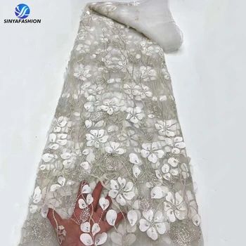 Кружевная ткань Sinya White с 3D цветочным бисером 2023 Высококачественная Французская сетка С вышивкой Пайетками, Жемчугом, Нигерийскими кружевными тканями