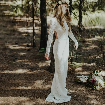 Кружевное свадебное платье русалки с длинными рукавами, сшитое на заказ в деревенском стиле с открытой спиной и вырезом лодочкой, свадебное платье для фотосъемки с побегом