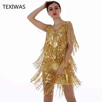 Летнее платье TEXIWAS Женское клубное сексуальное блестящее облегающее платье с кисточками, vestidos, Элегантное пляжное платье с бахромой и блестками для вечеринки