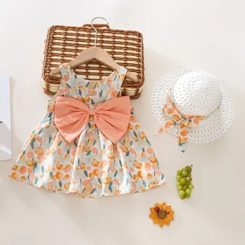 Летнее платье для маленьких девочек с бантом сзади в виде тюльпана, квадратный ремешок на шее, шляпа для повседневной носки длиной до колен