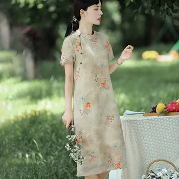 Летнее усовершенствование 2023 года, платье с принтом в стиле Чонсам в стиле ретро с коротким рукавом и маленьким стоячим воротником, традиционная китайская одежда