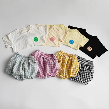 Летний комплект детской одежды для маленьких девочек, футболка с улыбкой и клетчатые шаровары, комплект одежды для мальчиков из 2 предметов