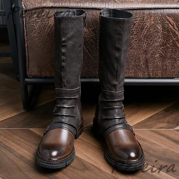 Мужские ботинки с круглым носком и пряжкой на ремне, винтажные ботинки на низком каблуке с застежкой-молнией сзади, рыцарские мотоциклетные ботинки, ковбойские сапоги в западном стиле, зимняя мужская обувь