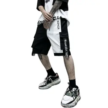 Мужские летние черно-белые лоскутные хип-хоп шорты-карго в стиле пэчворк, мужские повседневные шорты с несколькими карманами, уличная одежда, короткие homme