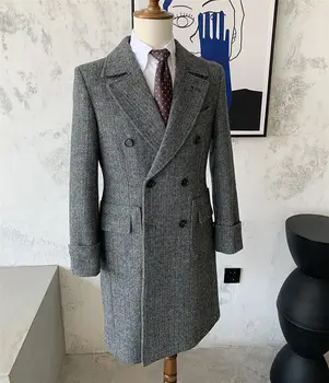 Мужское пальто Herrinmgbone, Двубортная осенне-зимняя теплая куртка, джентльменский длинный блейзер, пальто на заказ