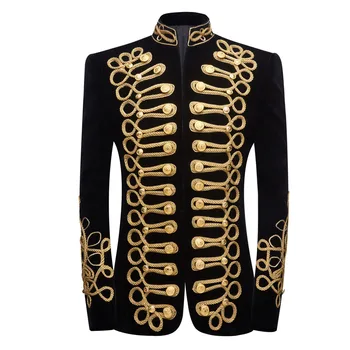Мужской приталенный пиджак со стоячим воротником, плюс размер, бархатный блейзер ручной работы, расшитый черным золотом, сценический костюм певца для ночного клуба
