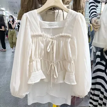 Новая весенняя льняная хлопчатобумажная рубашка, топы, Повседневная белая блузка для девочек, женские Корейские блузки с длинным рукавом, женские мягкие блузки
