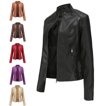 Новая женская сексуальная мотоциклетная куртка из искусственной кожи со стоячим воротником, простроченная молния, однотонная приталенная мотоциклетная куртка с длинным рукавом, верхняя одежда # g3