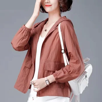 Новое тонкое женское пальто 2023, летняя осенняя куртка с капюшоном, уличная солнцезащитная одежда, повседневная верхняя одежда с длинными рукавами, топы