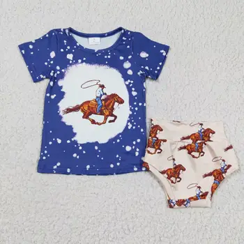 Новый дизайн, голубая футболка RTS, ковбойский наряд для девочек, комплекты одежды для новорожденных, одежда для малышей, бутик одежды для малышей